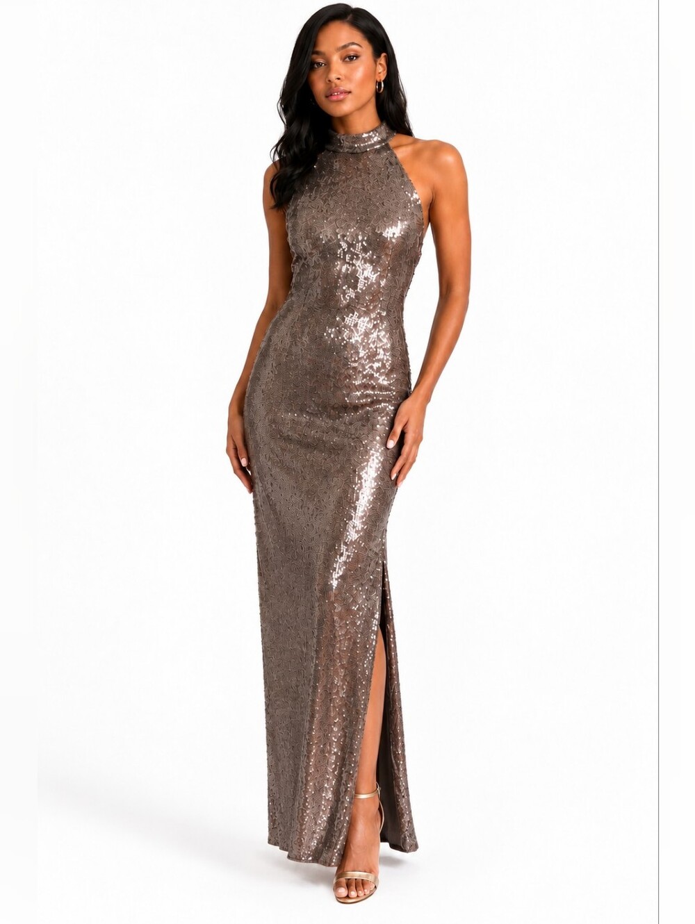 Fashion Nova Isla Paillette Sequin Halter Evening Dress NWT XL Taupe Open Back